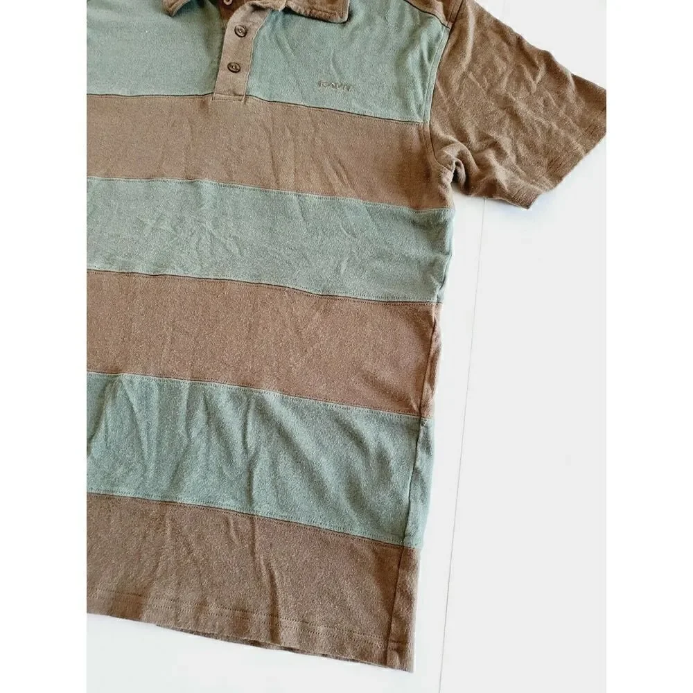 KAVU Men's Bamboo Polo Shirt Striped Short Sleeve Sz Medium Brown/Green